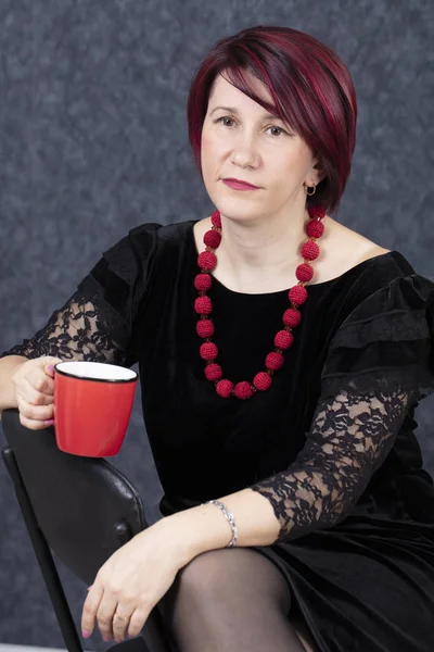 Middle Aged Woman Red Cup — 스톡 사진