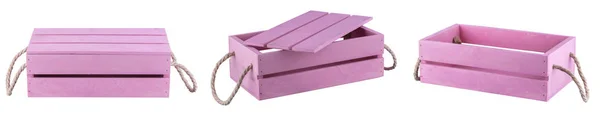 Three Pink Wooden Crates Step Three Boxes Open Half Open — 스톡 사진