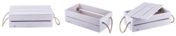 Three White Wooden Crates Step Three Boxes Open Half Open — Stock Photo, Image