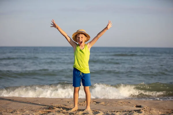 Feliz Niño Mar Chico Costa Levantó Las Manos — Foto de Stock