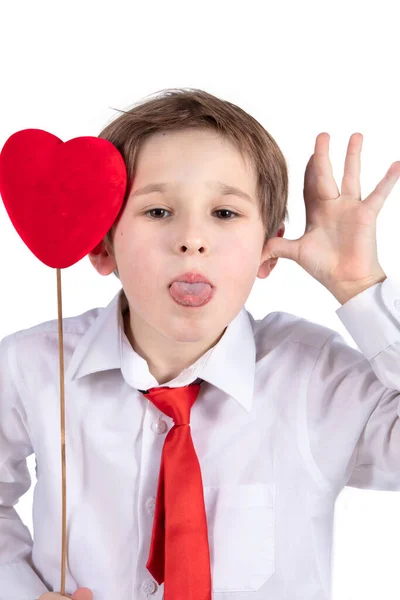 Child Valentine Boy Red Heart Grimaces Stock Photo