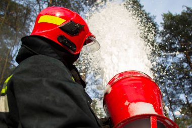 İtfaiyeci orman yangınını söndürdü. Ormanın arka planında köpüklü hortumları olan itfaiyeci..