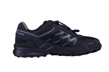 Beyaz arka planda siyah bir spor ayakkabı. Kış ayakkabıları.