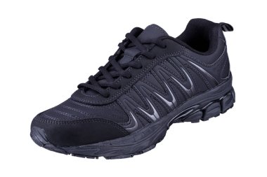 Beyaz arka planda siyah bir spor ayakkabı. Kış ayakkabıları.