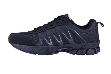 Beyaz arka planda siyah bir spor ayakkabı. Kış ayakkabıları.