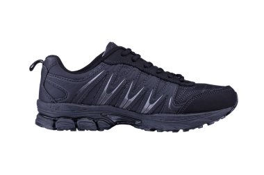 Beyaz arka planda siyah bir spor ayakkabı. Kış ayakkabıları.