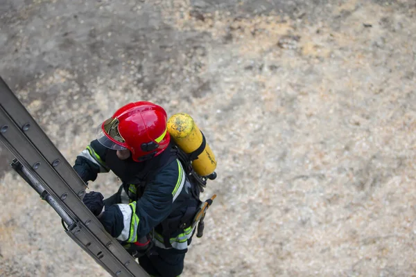 Lucha Contra Incendios Sube Las Escaleras Formación Salvavidas —  Fotos de Stock