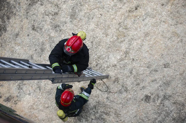Tűzoltó Felmászik Lépcsőn Életmentő Képzés — Stock Fotó