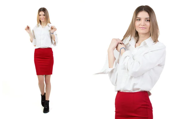 Koláž Dívka Bílé Halence Červené Sukně Plném Růstu Close Bílém — Stock fotografie