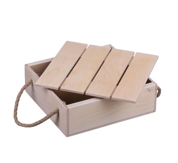 Ξύλινο Κουτί Λαβές Από Σπάγκο Λευκό Φόντο — Φωτογραφία Αρχείου