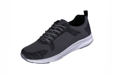 Spor ayakkabılar. Koyu aksanlı kumaştan yapılmış gri bir spor ayakkabısının yan görünüşü.