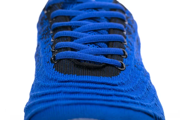 Parte Una Sneaker Blu Realizzata Tessuto Con Lacci Frammento Scarpe — Foto Stock