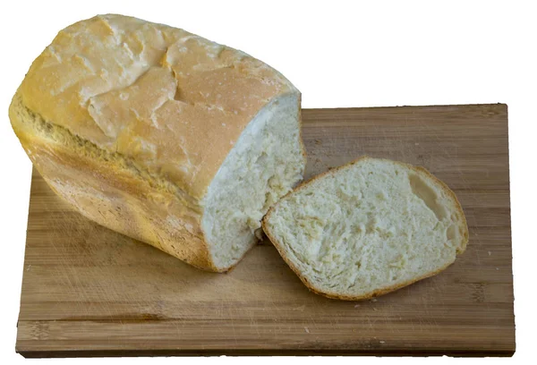 Witte Zelfgebakken Brood Het Hout Geïsoleerd Wit — Stockfoto