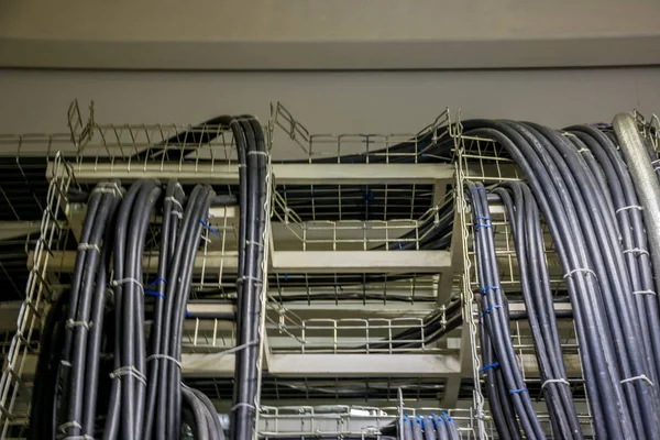 Power cables in the trays in the switchgear. Cable trays.