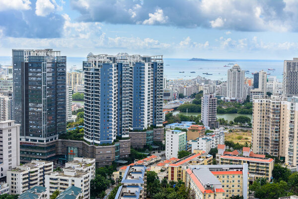 Beautiful aerial panoramic view of the city of Sanya city from Luhuitou Park. Hainan island, China.