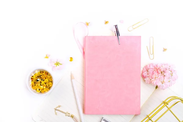 Cuaderno, lápiz y alfileres dorados —  Fotos de Stock