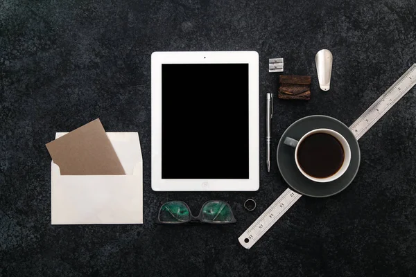 Mock up with tablet, glasses and cup of coffee — Stock Photo, Image