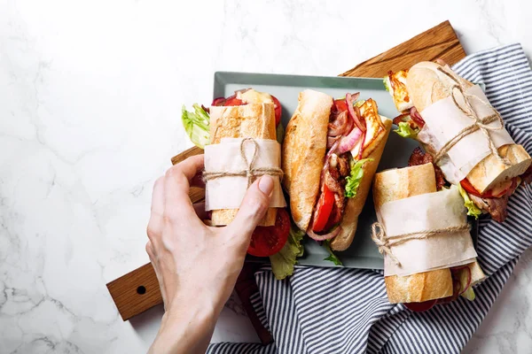 Hand mit frischem Baguette-Sandwich — Stockfoto