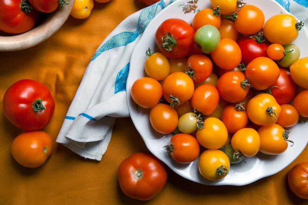Pomodori biologici freschi sul piatto — Foto Stock