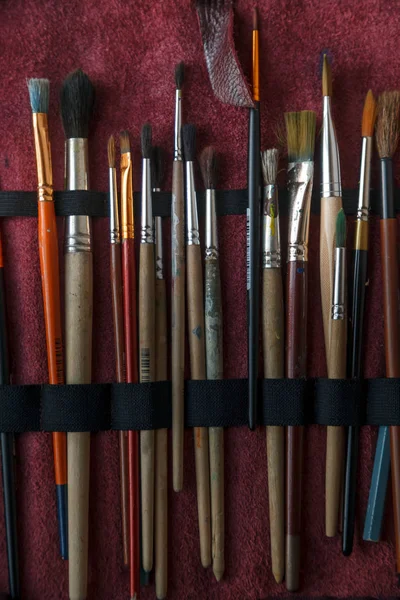 Painter Brushes Professional Case Close Vertical Composition — Stock Photo, Image