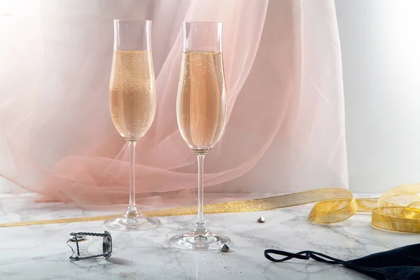 Two Flute Glasses Champagne Marble Background Pink Transparent Fabric Soft — Stock Photo, Image