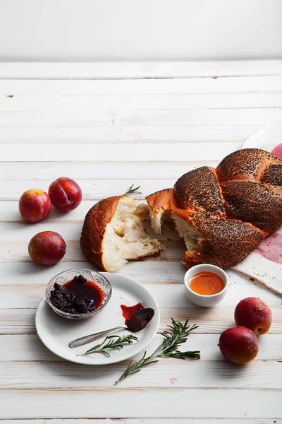 Traditional Jewish Bread Brown Challah White Wooden Background Fruits Honey — Stock Photo, Image