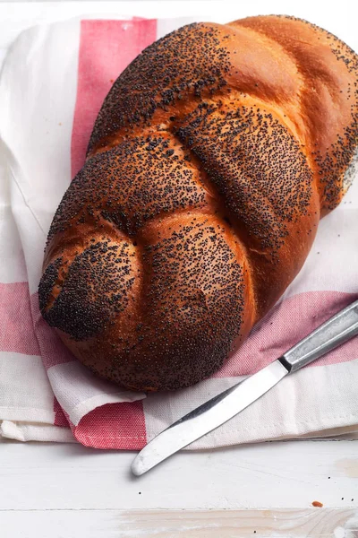 Traditional Jewish Bread Brown Challah White Wooden Background Fruits Honey — Stock Photo, Image