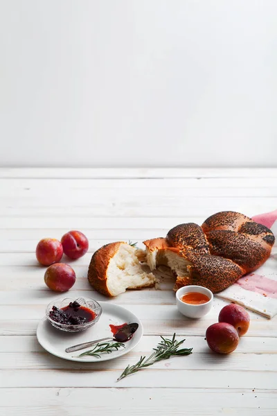 Traditional Jewish Bread Brown Challah White Wooden Background Fruits Honey — Stock Photo, Image