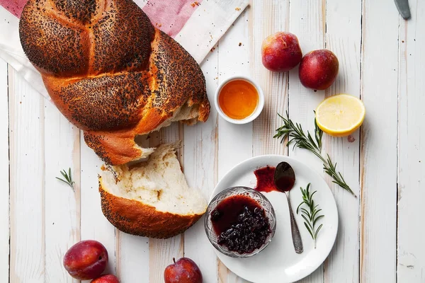 Traditional Jewish Bread Brown Challah White Wooden Background Fruits Honey — Stock Photo, Image