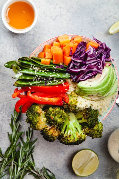 Tasty Healthy Bowl Lunch Couscous Baked Broccoli Carrots Cut Cubes — Stock Photo, Image