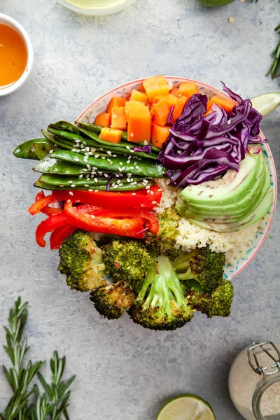 Tasty Healthy Bowl Lunch Couscous Baked Broccoli Carrots Cut Cubes — Stock Photo, Image