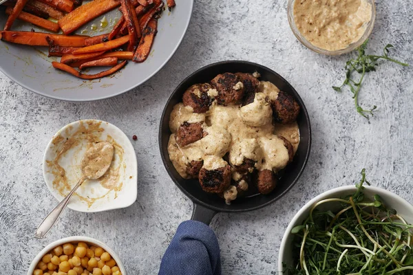 Flat Lay Composition Traditional Swedish Beef Meatballs Gravy Plates Sauce — Stock Photo, Image