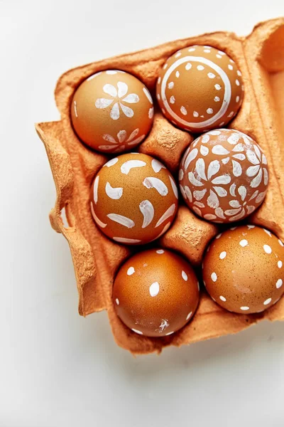 Painted Eggs Various White Patterns Colorful Orange Cardboard Container Easter — Stock Photo, Image