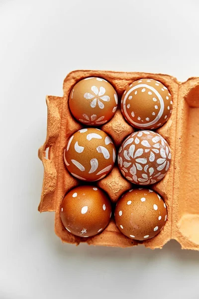 Painted Eggs Various White Patterns Colorful Orange Cardboard Container Easter — Stock Photo, Image