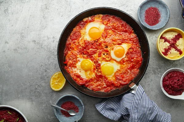 Tradicional Shakshuka Plato Judío Oriente Medio Concepto Cocina Israelí — Foto de Stock