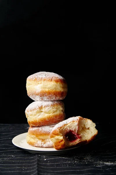 Stack Donuts Powdered Sugar White Plate — Stock Photo, Image
