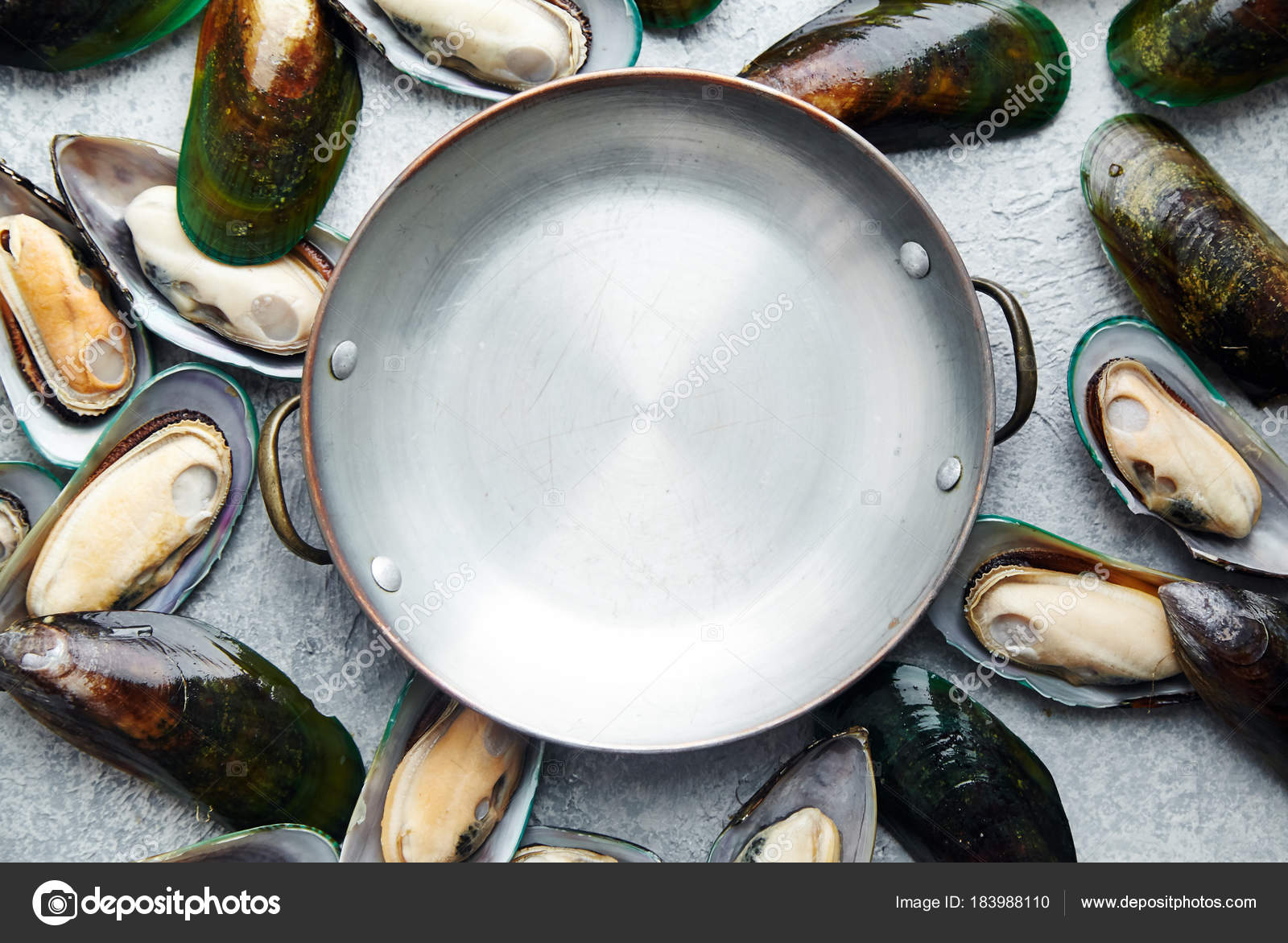 Raw kiwi mussels with copper plate in center on textured light colored background