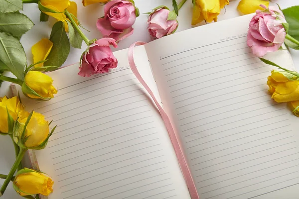 Feminine Workplace Rose Flowers Pink Notebook Spring Inspiration Concept — Stock Photo, Image
