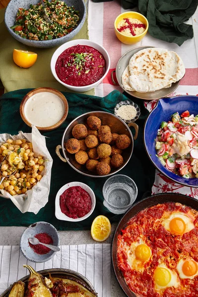 Colección Platos Tradicionales Judíos Oriente Medio Concepto Cocina Israelí — Foto de Stock