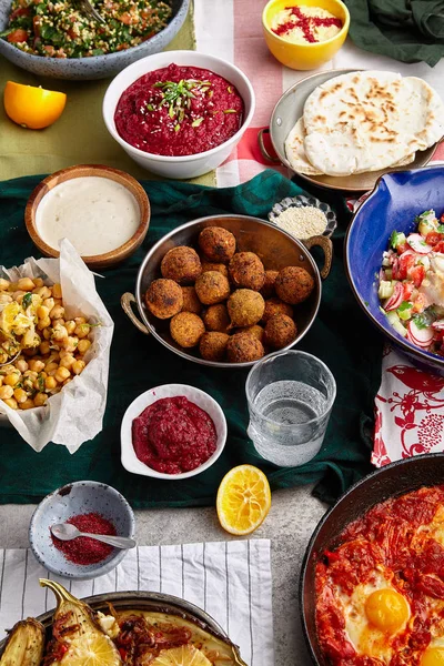 Colección Platos Tradicionales Judíos Oriente Medio Concepto Cocina Israelí — Foto de Stock