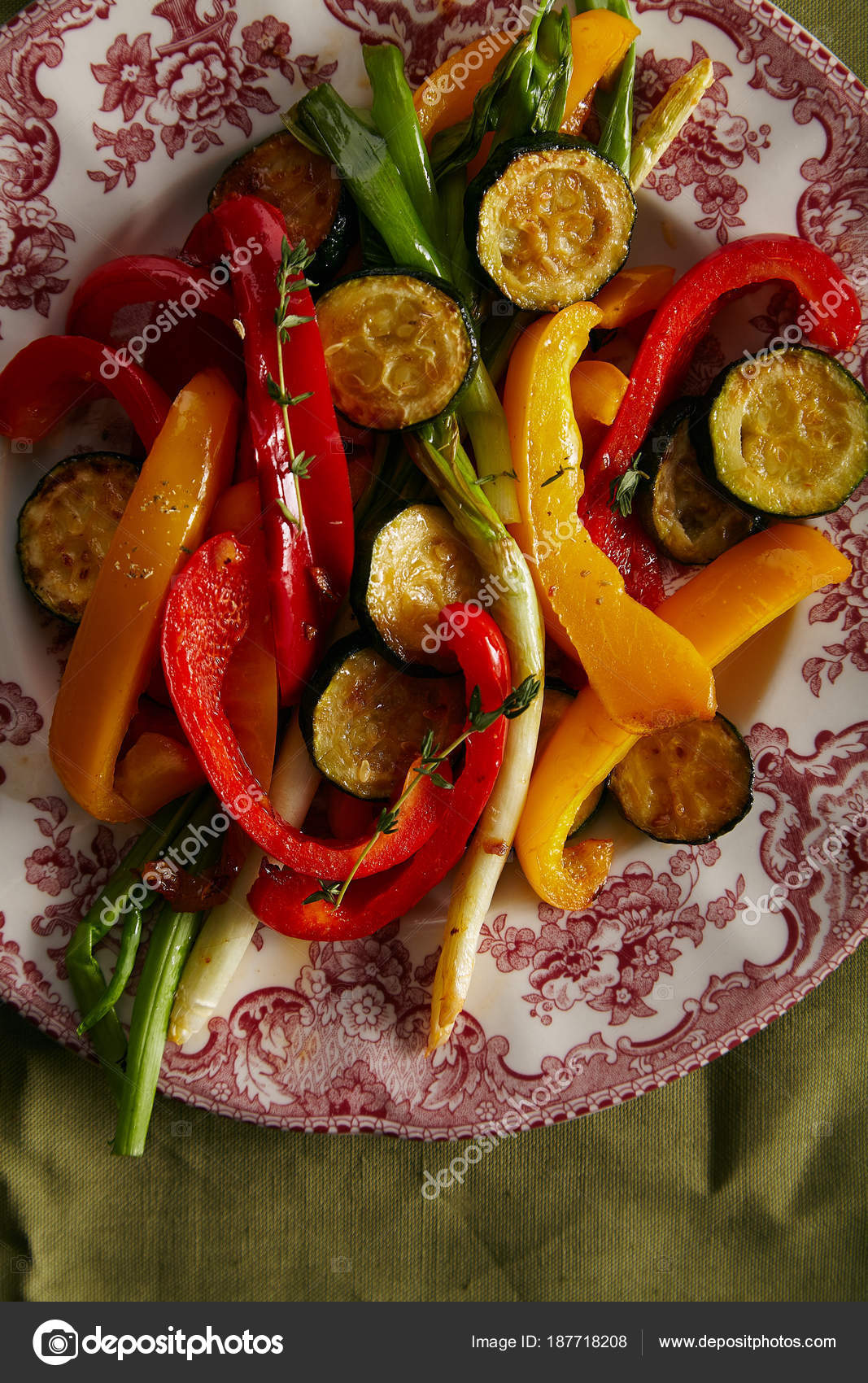 Roasted Red Yellow Peppers Onion Zucchini Plate Stock Photo by