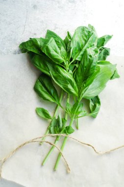 dal taze yeşil fesleğen sicim mutfak parşömen kağıt sayfası ile 