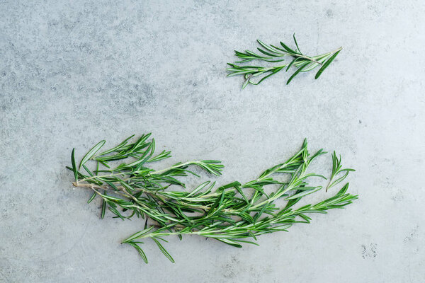 rosemary sprigs arranged on metallic background with text space at center