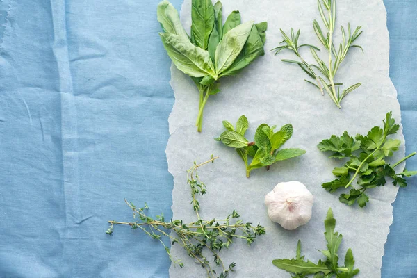 Sammlung Frischer Küchenkräuter Kleinen Trauben Mit Knoblauchzehe Auf Blauem Hintergrund — Stockfoto