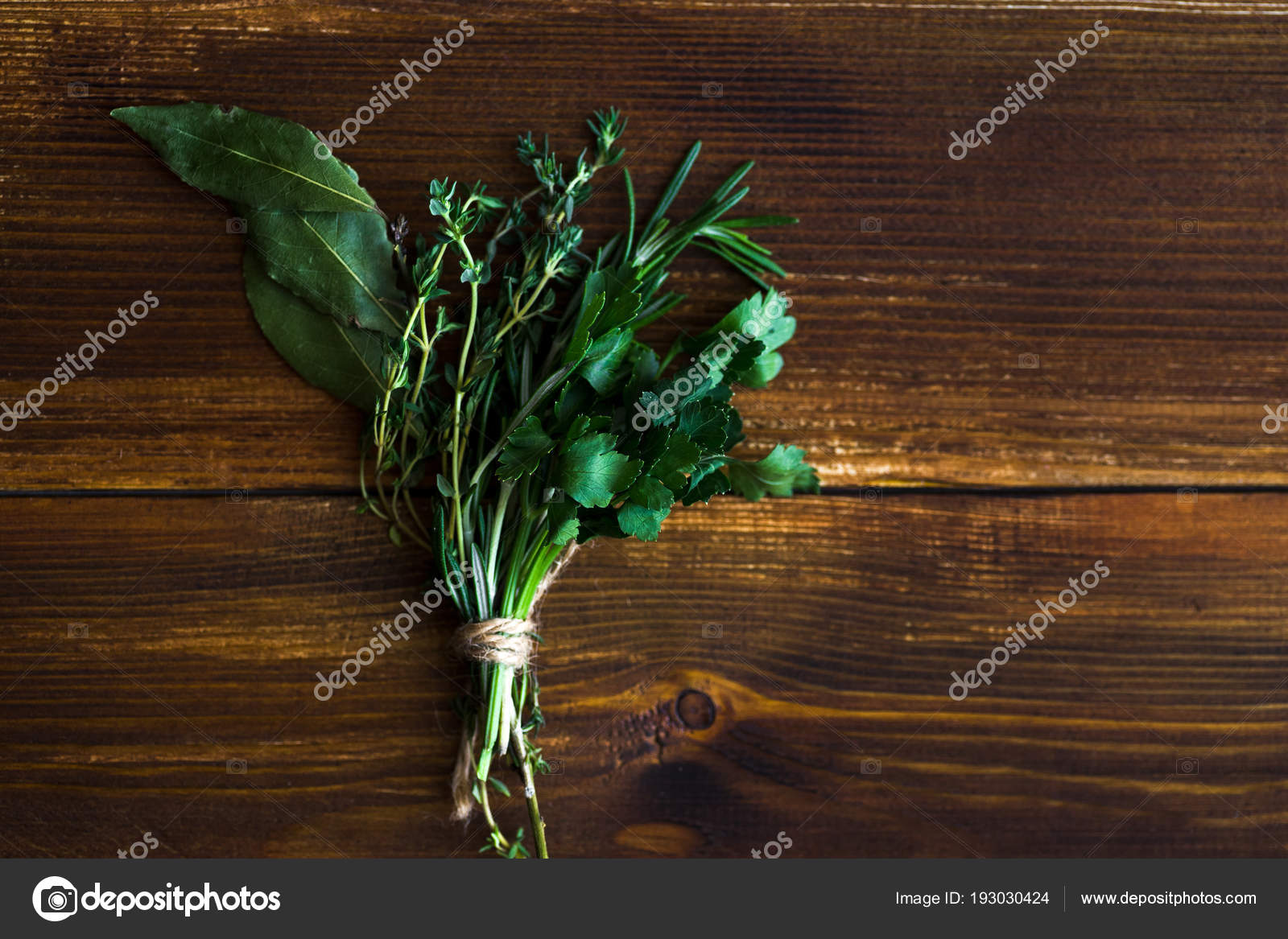 Bouquet Garni Bay Leaves Fresh Herbs Dark Wooden Background Stock Photo