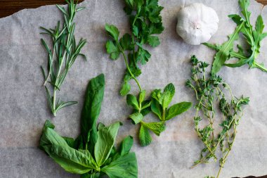 ahşap arka plan üzerinde diş sarımsak ile topluluğu küçük taze mutfak ot demetleri 