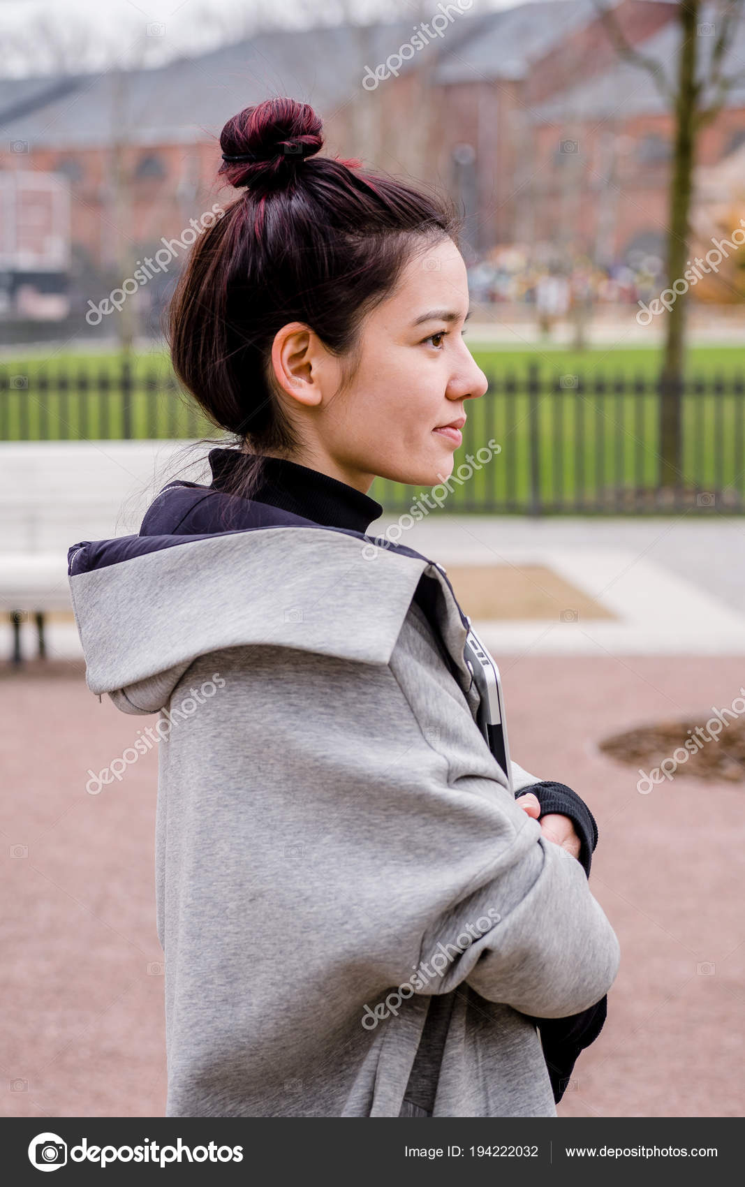 Portrait Asian Female Model Laptop Computer Her Hands Walking City