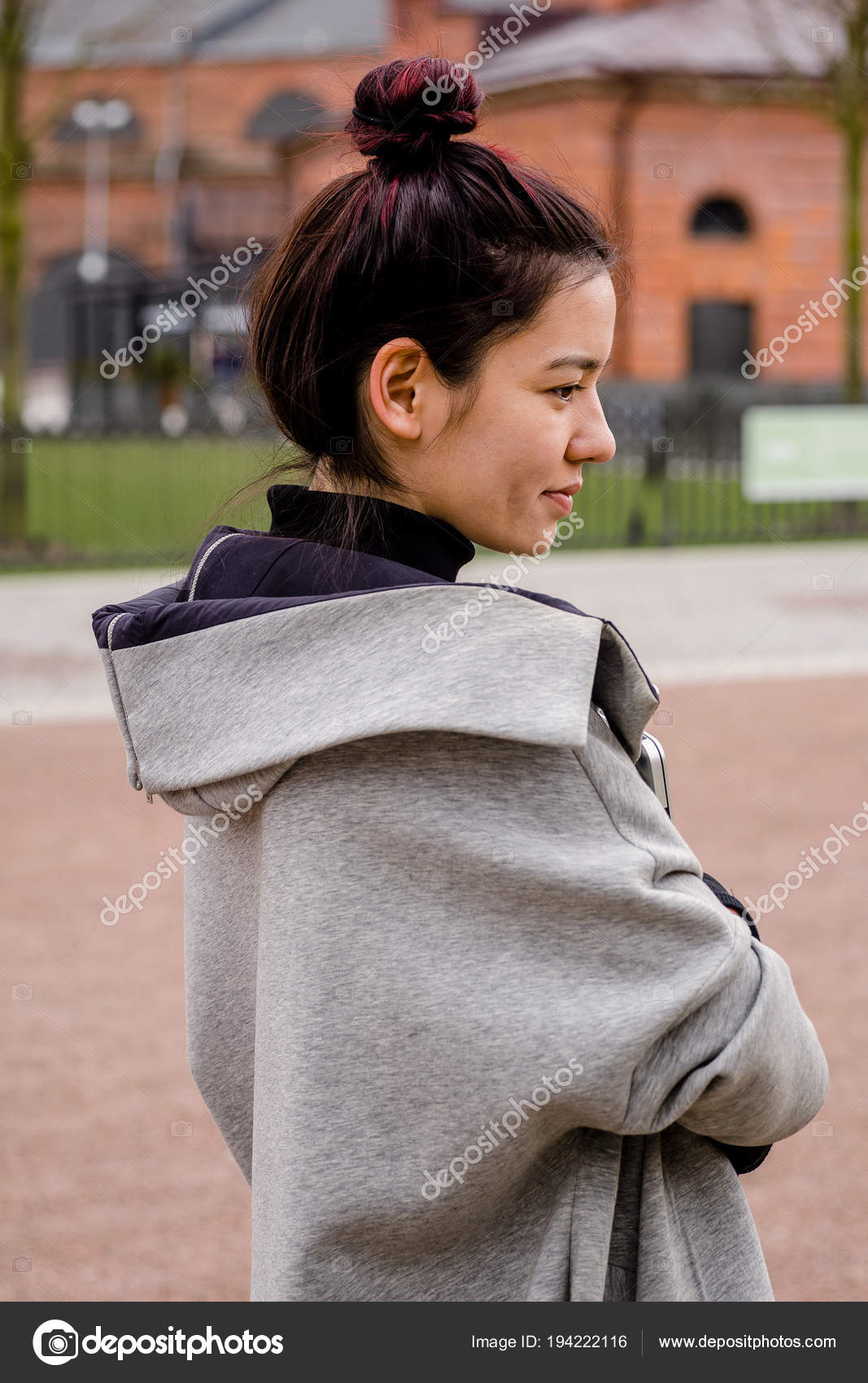 Portrait Asian Female Model Laptop Computer Hands Walking City