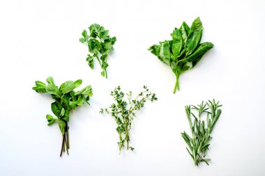 Beyaz arka plan üzerinde taze mutfak otlar: biberiye, kekik, nane, fesleğen ve maydanoz küçük demet
