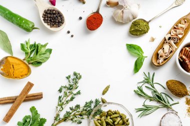 Taze ot ve kaşık ve beyaz arka plan üzerinde çerçeve ile kopya alanı içinde düzenlenen kase kuru renkli baharat
